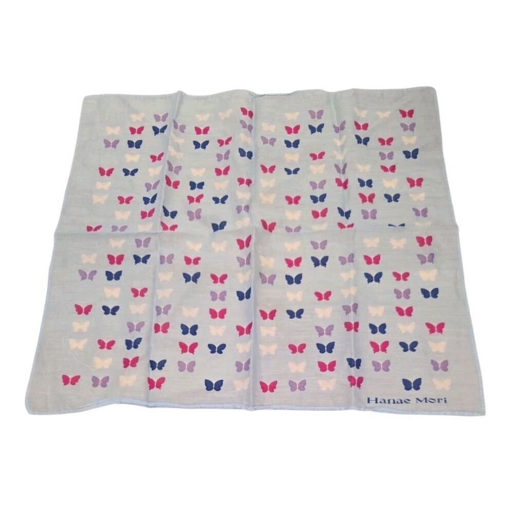 Hanae Mori Blue White Pink Square Butterfly handkerchief Scarf 16 X 16in Hankie